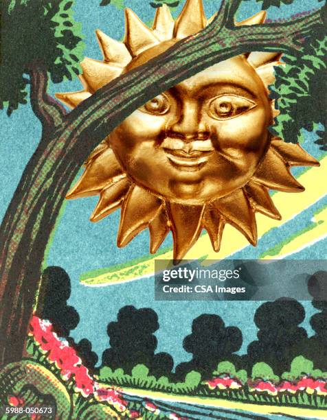 plastic sun in landscape - anthropomorphic face stock illustrations