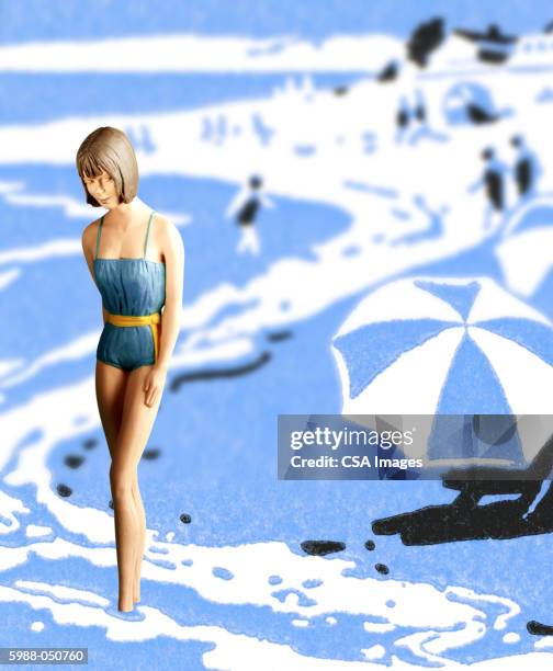 stockillustraties, clipart, cartoons en iconen met figurine of woman at beach - miniature golf