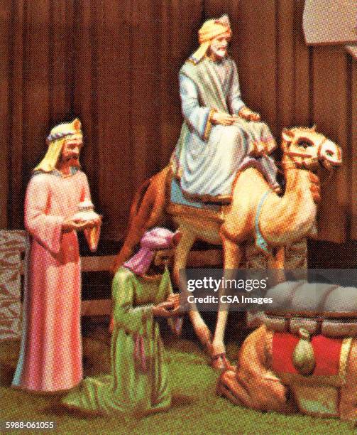 three wise men with camels - barn stock illustrations