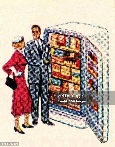 couple with open refrigerator - hungry stock illustrations