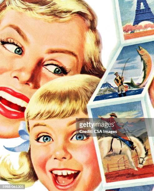 happy people with postcards - kitsch stock illustrations stock illustrations