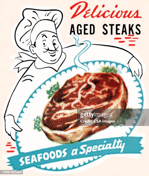 chef with steak on a platter - chef stock illustrations