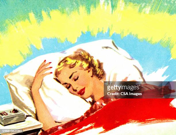 ilustrações de stock, clip art, desenhos animados e ícones de woman in bed - olhos fechados