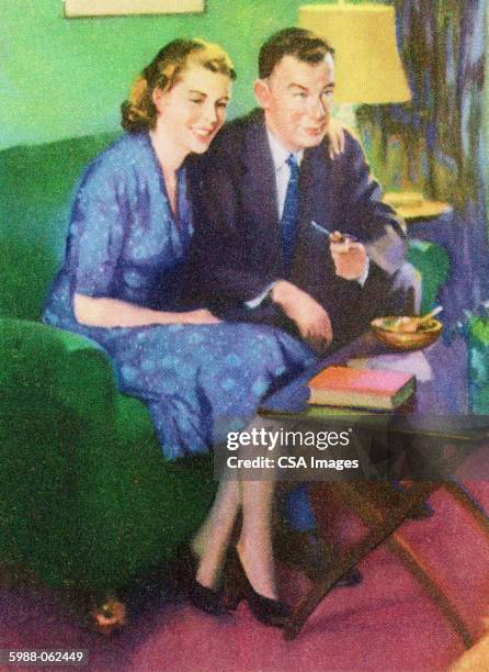 couple sitting on sofa - embracing stock illustrations
