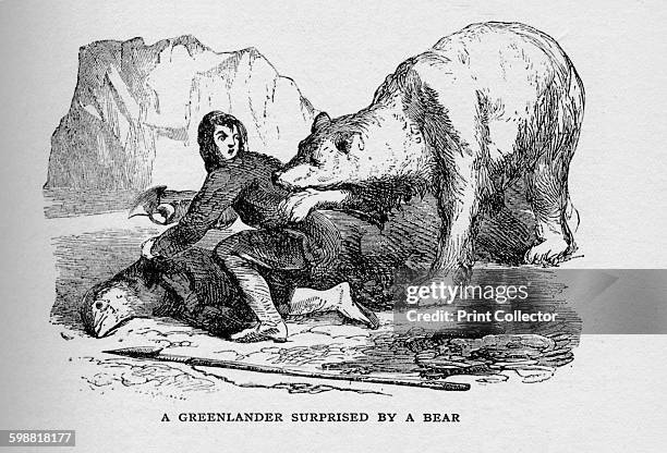 Greenlander Surprised by a Bear, circa 1927, . From The Book of Polar Exploration, by E. L. Elias M.A. [George G. Harrap & Company Ltd, London, 1928]...