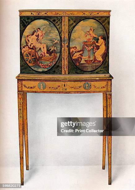 Small Mahogany Cabinet on Stand, circa 1680. Small Mahogany Cabinet on Stand, with painted decorations in the manner of Cipriani. The interior is...