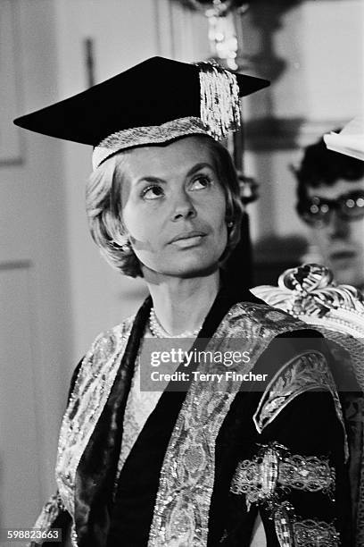 The Duchess of Kent dressed in academic robes in her role as the Chancellor of Leeds University, Leeds, UK, 25th October 1967. She is attending a...
