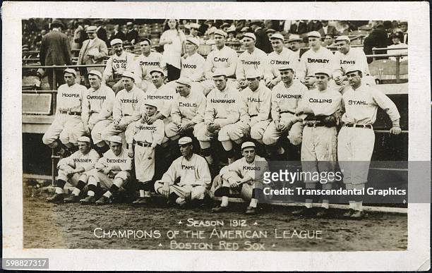Postcard features a team of the Boston Red Sox at Fenway Park, Boston, Massachusetts, 1912.