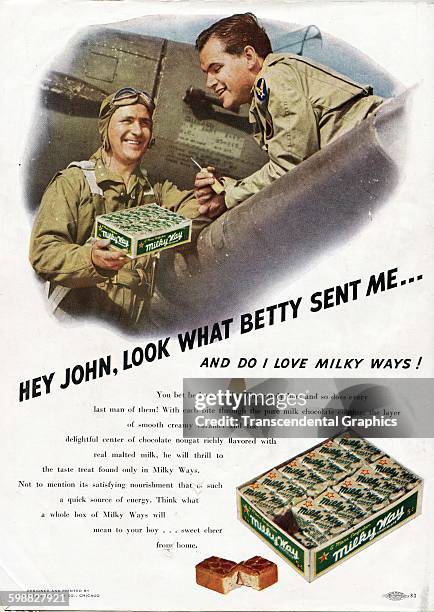 Advertisement for Milky Way candy bars features a World War II theme, Chicago, Illinois, 1943.