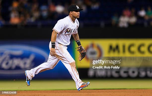 Robert Andino of the Miami Marlins in action during the game against the San Diego Padres at Marlins Park on August 26, 2016 in Miami, Florida.
