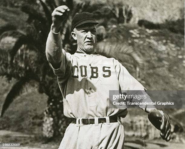 Baseball player Grover Cleveland Alexander, of the Chicago Cubs, throws a ball during spring training, Catalina Island, California, 1922.