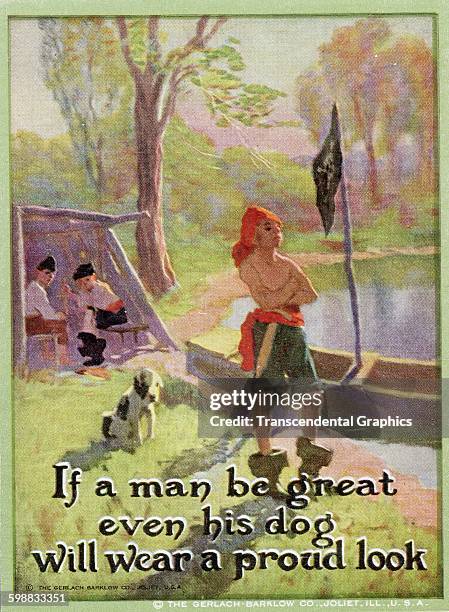 Trade card features an illustration of Peter Pan, a dog, and several of the 'Lost Boys,' in lakeside camp, Joliet, Illinois, circa 1930. It also...
