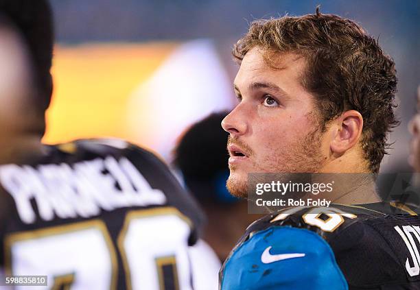 Luke Joeckel of the Jacksonville Jaguars looks on during the preseason game against the Cincinnati Bengals at EverBank Field on August 28, 2016 in...