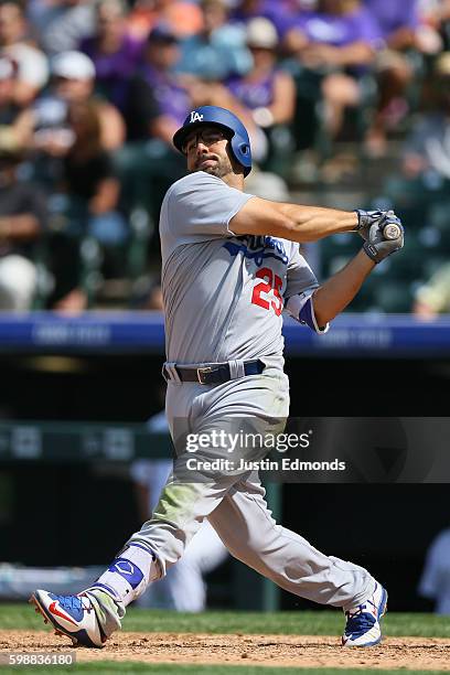 Rob Segedin of the Los Angeles Dodgers bats against the Colorado Rockies at Coors Field on August 31, 2016 in Denver, Colorado.