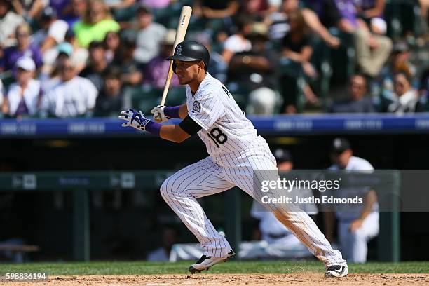 Cristhian Adames of the Colorado Rockies bats against the Los Angeles Dodgers at Coors Field on August 31, 2016 in Denver, Colorado.