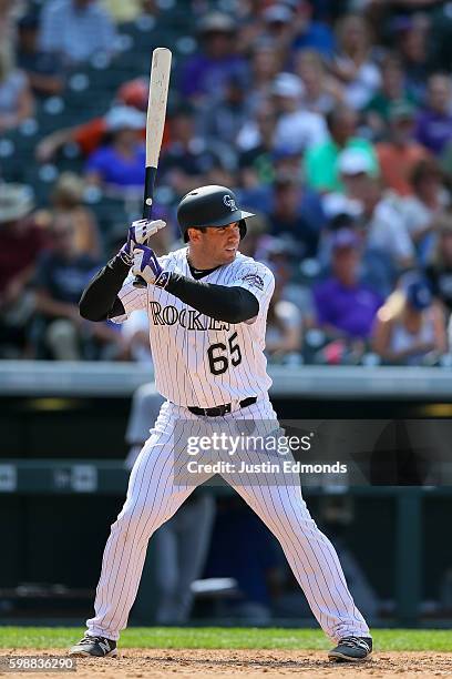 Stephen Cardullo of the Colorado Rockies bats against the Los Angeles Dodgers at Coors Field on August 31, 2016 in Denver, Colorado.