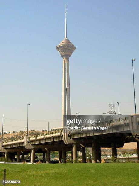 tehran landmark milad tower - iran - overhead road shot stock pictures, royalty-free photos & images