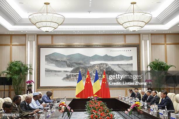 Chinese President Xi Jinping and Chad President Idriss Deby Itno during their meeting at the West lake State Guest House on September 3, 2016 in...