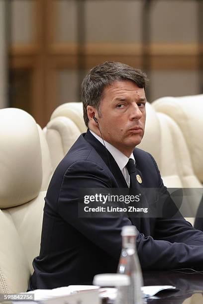 Italian Prime Minister Matteo Renzi speaks during meeting with Chinese President Xi Jinping at the West lake State Guest House on September 3, 2016...