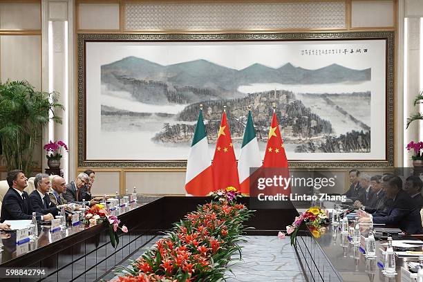 Chinese President Xi Jinping and Italian Prime Minister Matteo Renzi during their meeting at the West lake State Guest House on September 3, 2016 in...