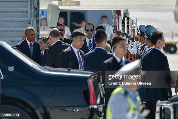 President Barack Obama arrives on Air Force One for the 2016 G20 State Leaders Hangzhou Summit at the Hangzhou Xiaoshan International Airport on...