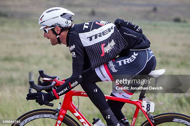 Tour of Alberta - Stage 2 - Frank Schleck riding for the Trek-Segafredo team tried to stay warm in the rain on stage 2 in Kananaskis on September 2,...