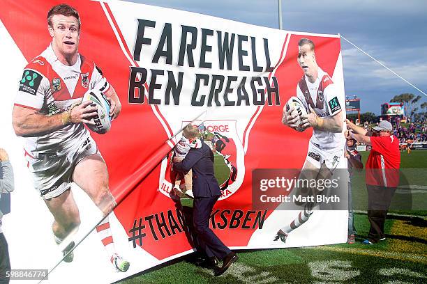 Ben Creagh of the Dragons walks onto the field before the round 26 NRL match between the St George Illawarra Dragons and the Newcastle Knights at WIN...