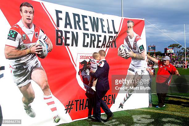 Ben Creagh of the Dragons walks onto the field before the round 26 NRL match between the St George Illawarra Dragons and the Newcastle Knights at WIN...