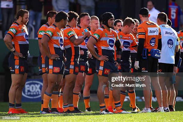 Knights plays look on after a Dragons try during the round 26 NRL match between the St George Illawarra Dragons and the Newcastle Knights at WIN...