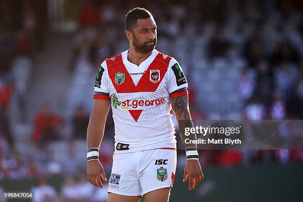 Benji Marshall of the Dragons looks on during the round 26 NRL match between the St George Illawarra Dragons and the Newcastle Knights at WIN Jubilee...