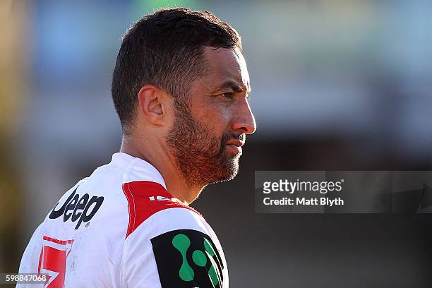 Benji Marshall of the Dragons looks on during the round 26 NRL match between the St George Illawarra Dragons and the Newcastle Knights at WIN Jubilee...
