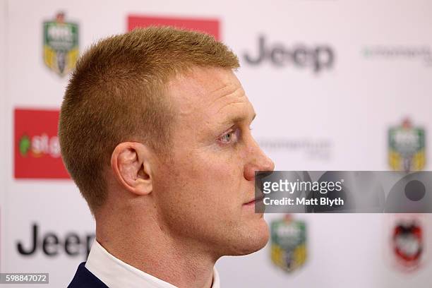 Ben Creagh of the Dragons looks on during a press conference after the round 26 NRL match between the St George Illawarra Dragons and the Newcastle...
