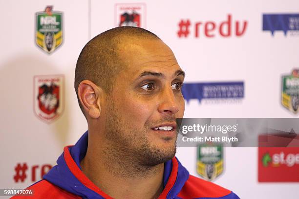 Jeremy Smith of the Knights talks during a press conference after the round 26 NRL match between the St George Illawarra Dragons and the Newcastle...