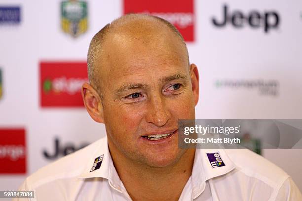 Knights coach Nathan Brown talks during a press conference after the round 26 NRL match between the St George Illawarra Dragons and the Newcastle...