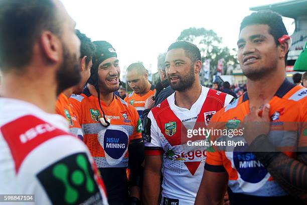 Benji Marshall of the Dragons talks after the round 26 NRL match between the St George Illawarra Dragons and the Newcastle Knights at WIN Jubilee...