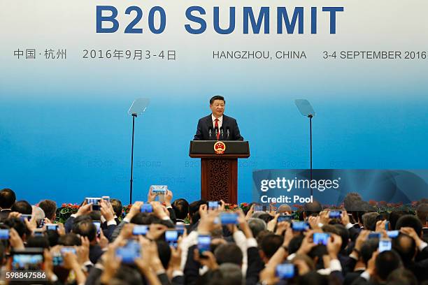 China's President Xi Jinping speaks during the opening ceremony of B20 Summit ahead of G20 Summit on September 3, 2016 in Hangzhou, China.