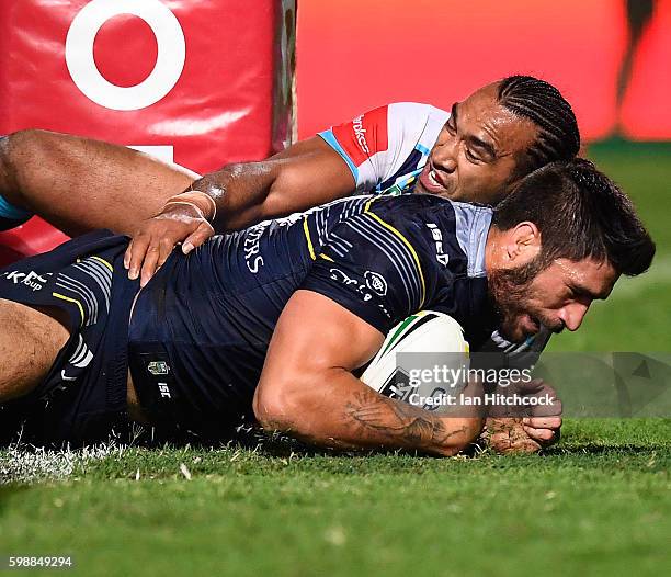 James Tamou of the Cowboys scores a try during the round 26 NRL match between the North Queensland Cowboys and the Gold Coast Titans at 1300SMILES...