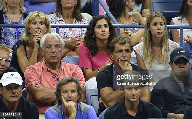 Rafael Nadal's parents, Ana Maria Parera and Sebastian Nadal, Xisca Perello, sister Isabel Nadal attend his second round match on day 3 of the 2016...
