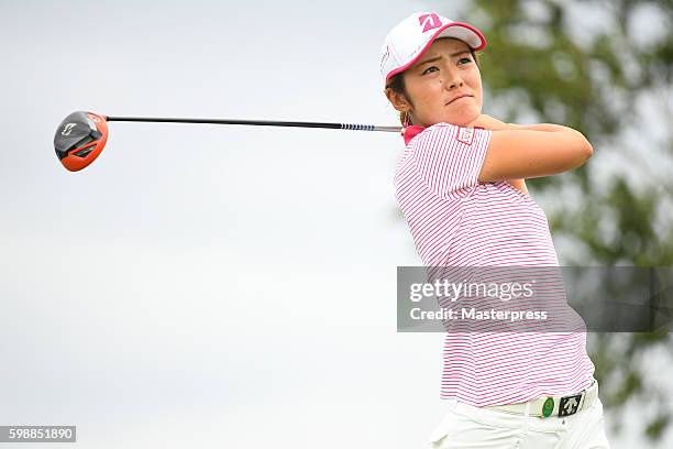 Ayaka Watanabe of Japan hits her tee shot on the 18th hole during the second round of the Golf 5 Ladies Tournament 2016 at the Golf 5 Country Bibai...