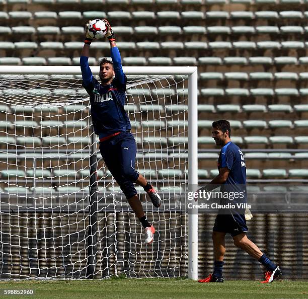 Gianluigi Donnarumma and Gianluigi Buffon of Italy during the Italy training session at Stadio San Nicola on September 3, 2016 in Bari, Italy.