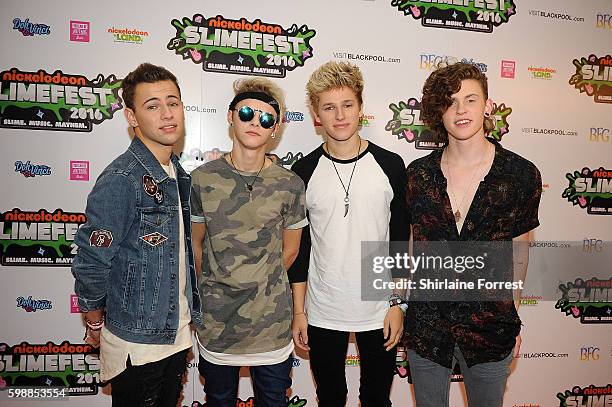 Levi Jones, Austin Corini, Nate Parker and Drew Dirksen of The Tide arrive during the first UK Nickelodeon SLIMEFEST at the Empress Ballroom on...