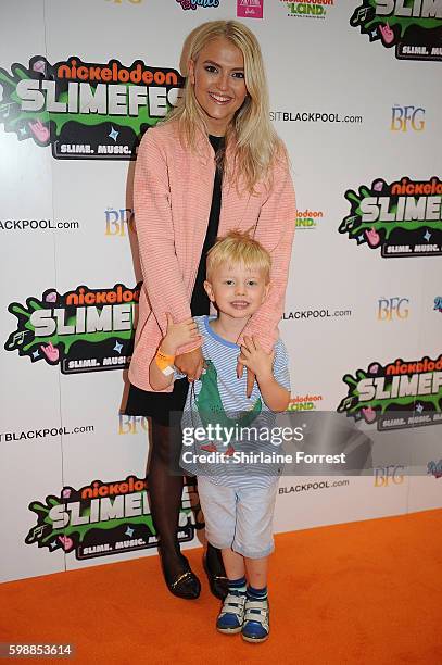 Lucy Fallon and her nephew arrive during the first UK Nickelodeon SLIMEFEST at the Empress Ballroom on September 3, 2016 in Blackpool, England.