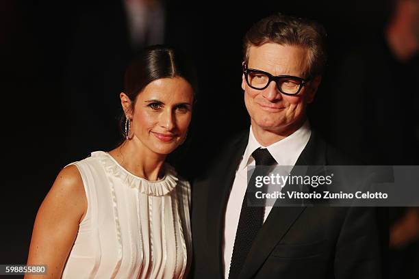 Colin Firth and Livia Giuggioli attend the premiere of 'Franca: Chaos And Creation' during the 73rd Venice Film Festival at Sala Giardino on...