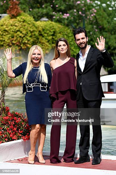 Monika Bacardi, Ashley Greene and Andrea Iervolino arrive at Lido during the 73rd Venice Film Festival on September 3, 2016 in Venice, Italy.