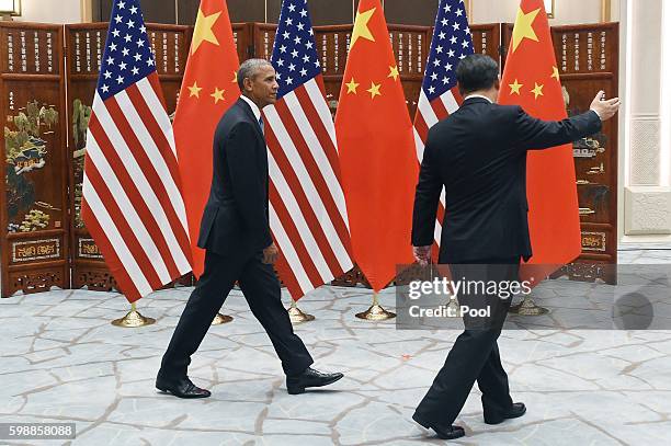 Chinese President Xi Jinping meets with US President Barack Obama at the West Lake State Guest House ahead of G20 Summit on September 3, 2016 in...