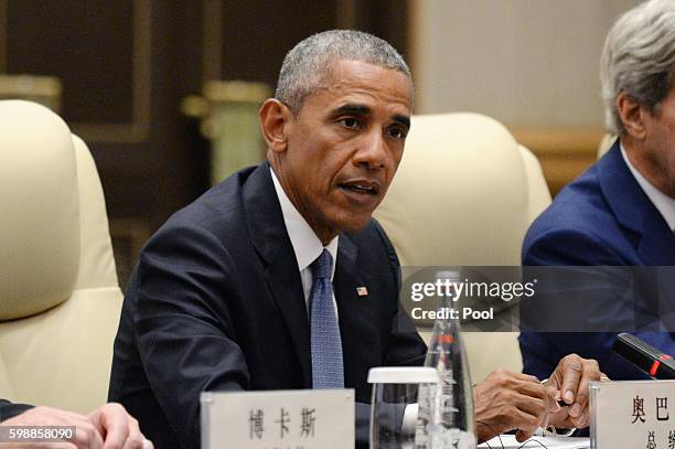 President Barack Obama speaks as he meets with Chinese President Xi Jinping at the West Lake State Guest House ahead of G20 Summit on September 3,...