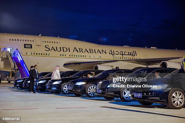 Official G20 cars wait in front of Saudi Arabia National Airplane at Hangzhou Xiaoshan International Airport, on September 3, 2016 in Hangzhou, China.