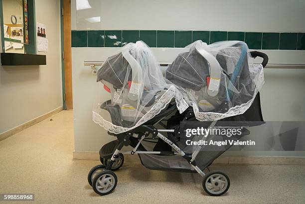 Mosquito net covered baby stroller where two month old twins Misael and Ismael Carrasquillo slept during a visit for regular vaccinations at the...
