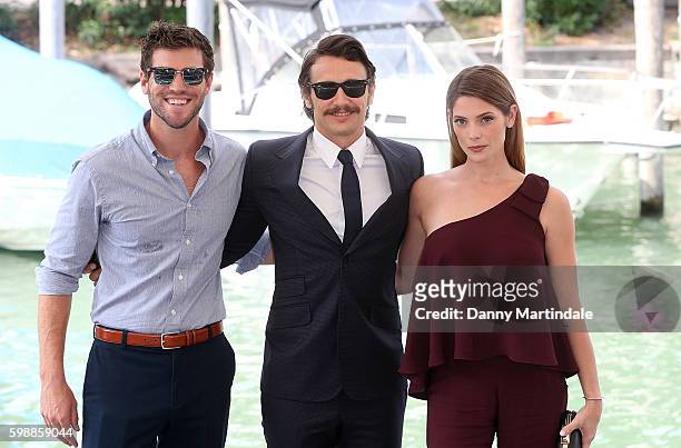 Austin Stowell, James Franco and Ashley Greene arrives on the Lido during the 73rd Venice Film Festival on September 3, 2016 in Venice, Italy.