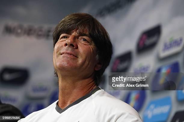 Head coach Joachim Loew talks to the media during a Germany press conference at Ullevaal Stadion on September 3, 2016 in Oslo, Norway.